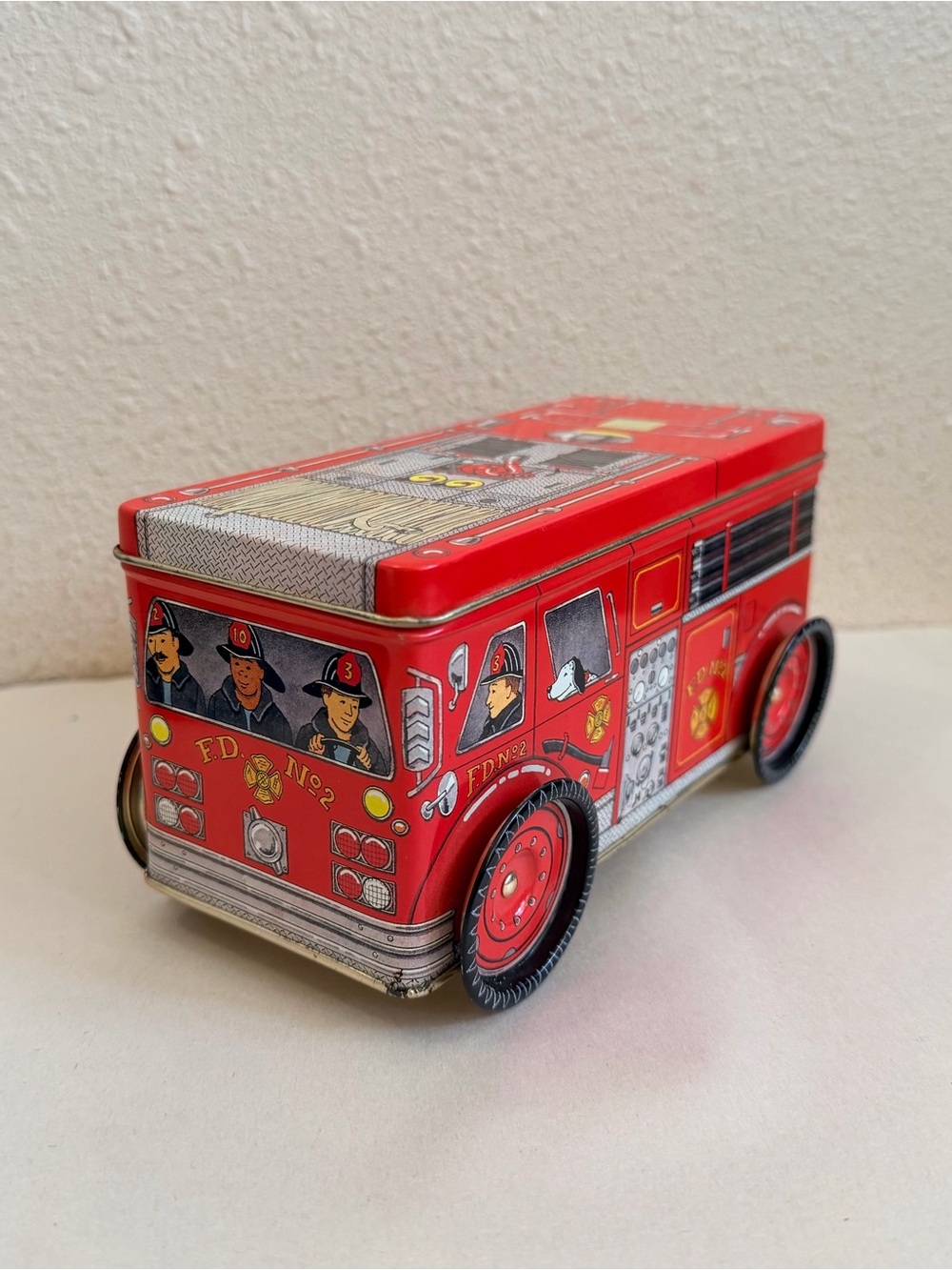 Vintage Keller-Charles Tin Fire Engine Toy Storage Tin Hong Kong Rolling Wheels